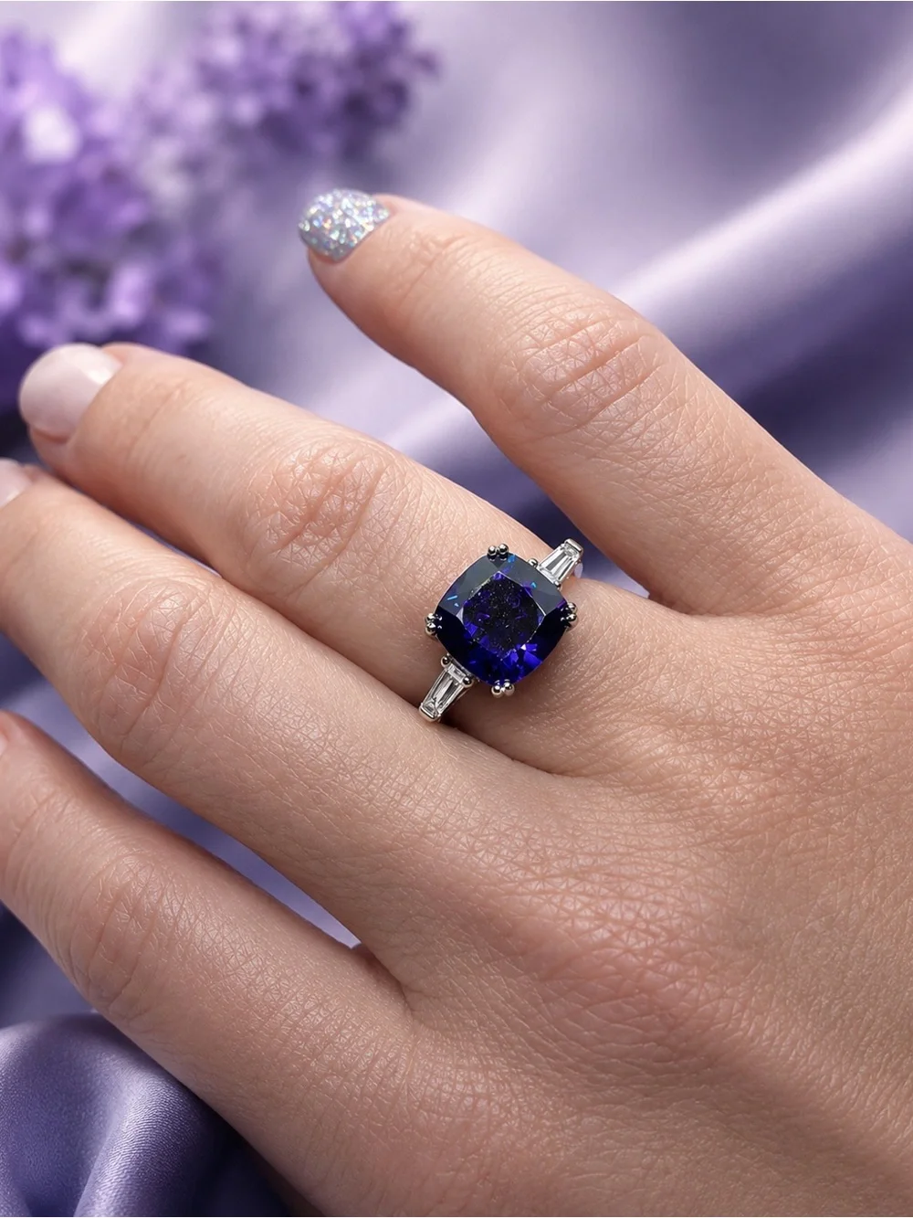 Blue & White CZ Sterling Silver Cushion Cut Ring Size 6 Simulated Tanzanite